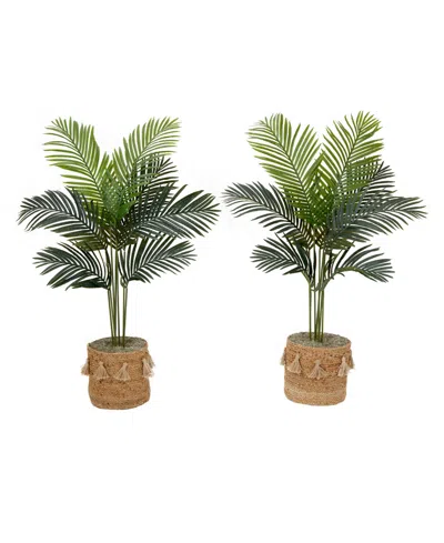 Nearly Natural 48" Artificial Paradise Palm Tree With Handmade Jute Cotton Basket With Tassels Diy Kit Set Of 2 In Green