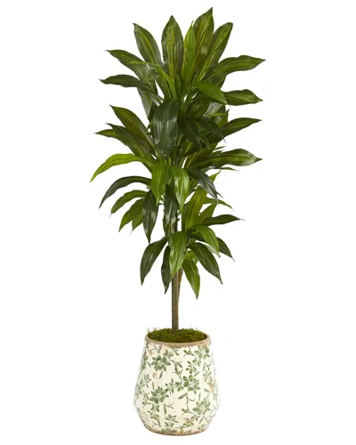 Nearly Natural 4ft Dracaena Artificial Plant In Flower Print Planter (real  Touch) In Green