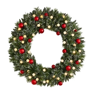 Nearly Natural 4ft. Oversized Pre-lit Frosted Holiday Christmas With Ornaments And 40 Led Globe Lights Pre-lit Wrea In Green