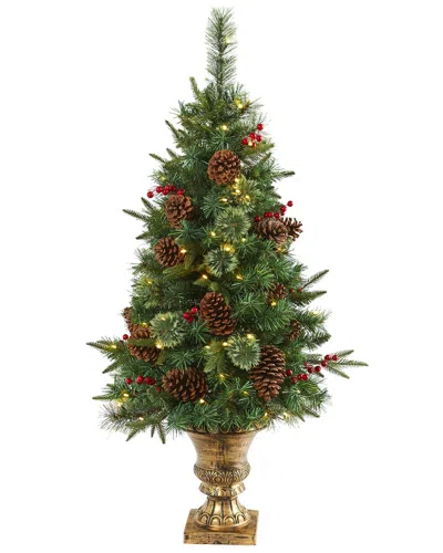 Nearly Natural 4ft. Pine, Pinecone And Berries Artificial Christmas Tree In Decorative Urn In Green