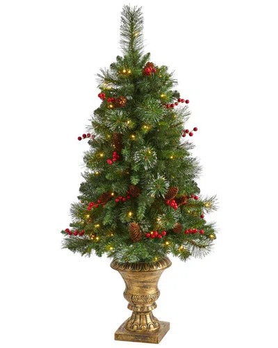 Nearly Natural 4ft. Pine, Pinecone And Berries Artificial Christmas Tree With 100 Clear Led Lights I In Green
