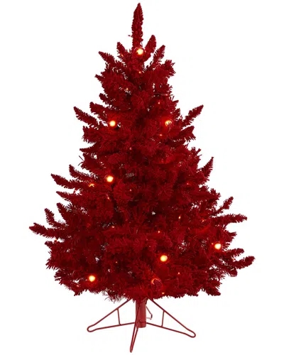 Nearly Natural 4ft. Red Flocked Fraser Fir Artificial Christmas Tree With 100 Red Lights