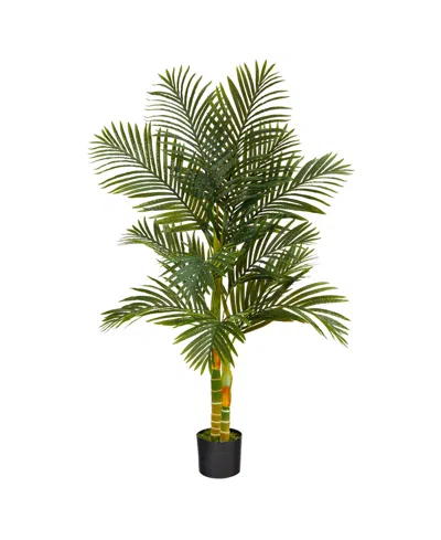 Nearly Natural 5' Double Stalk Gold-tone Cane Artificial Palm Tree In Green