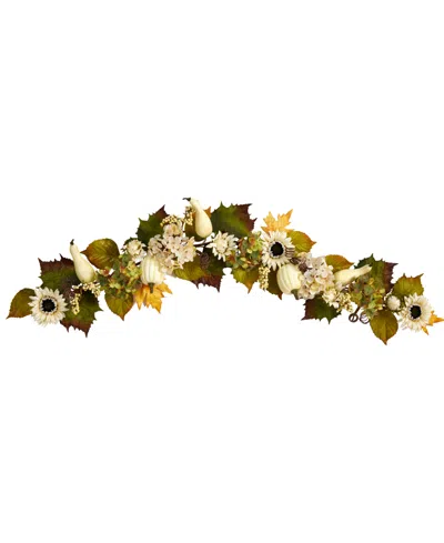 Nearly Natural 5' Fall Sunflower, Hydrangea And White Pumpkin Artificial Autumn Garland In Green