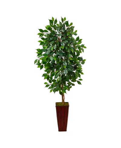 Nearly Natural 5' Fiscus Artificial Tree In Bamboo Planter In Green