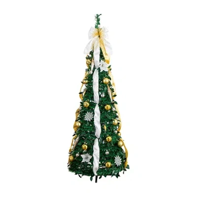Nearly Natural 5 Foot Pre-lit Collapsible Pre-decorated Pine Christmas Tree In Green
