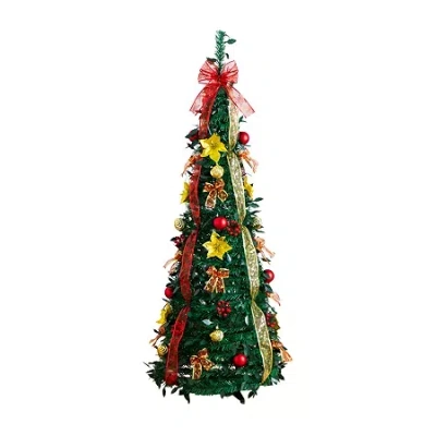Nearly Natural 5 Foot Pre-lit Collapsible Pre-decorated Pine Christmas Tree In Multi