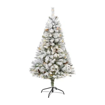 Nearly Natural 5 Foot White River Mountain Flocked Pine With Pinecones And 150 Clear Led Lights Pre-lit Christmas T In Green