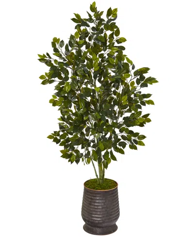 Nearly Natural 52in. Ficus Artificial Tree In Ribbed Metal Planter In Green