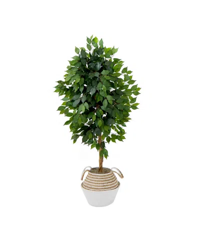 Nearly Natural 54" Artificial Ficus Tree With Double Trunk In Handmade Cotton Jute Basket Diy Kit In Green