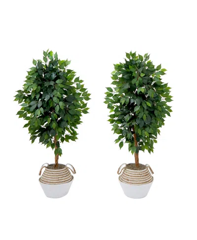 Nearly Natural 54" Artificial Ficus Tree With Double Trunk In Handmade Cotton Jute Basket Diy Kit Set Of 2 In Green