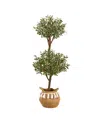 Nearly Natural 4.5ft Artificial Olive Double Topiary Tree With Handmade Tassel Basket In Green