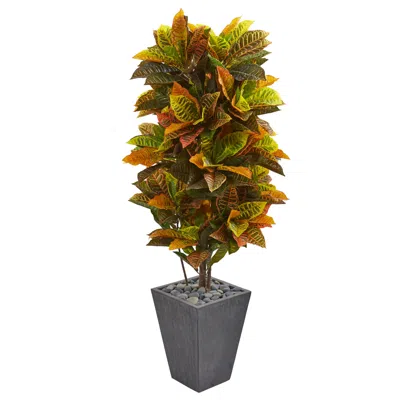 Nearly Natural 5.5' Croton Artificial Plant In Slate Planter In Green