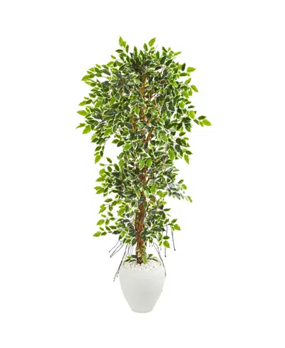 Nearly Natural 5.5' Elegant Ficus Artificial Tree In White Planter In Green