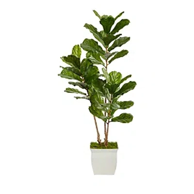 Nearly Natural 5.5ft. Fiddle Leaf Artificial Tree In White Metal Planter Uv Resistant (indoor/outdoor) In Green