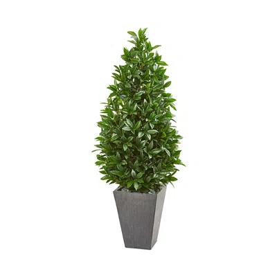 Nearly Natural 57 Bay Leaf Cone Topiary Tree In Slate Planter Uv Resistant (indoor/outdoor) In Green