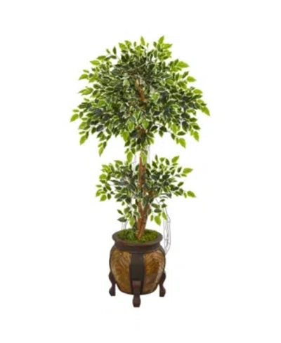 Nearly Natural 59" Variegated Ficus Artificial Tree In Decorative Planter In Green