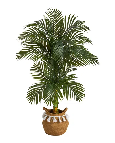 Nearly Natural 5ft Artificial Double Stalk Golden Cane Palm Tree With Handmade Basket In Green