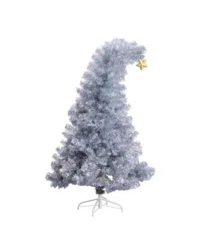 Nearly Natural 5ft. Artificial Silver Tinsel Holiday Santa's Hat Christmas Tree With Star Topper