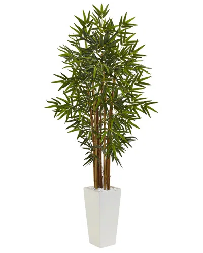 Nearly Natural 5ft Bamboo Artificial Tree In White Tower Planter In Green
