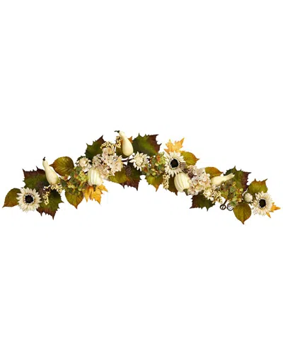 Nearly Natural 5ft. Fall Sunflower, Hydrangea & White Pumpkin Artificial  Autumn Garland In Green