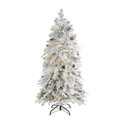 Nearly Natural 5ft. Flocked Montana Down Swept 5 Foot Pre-lit Flocked Spruce Christmas Tree In White