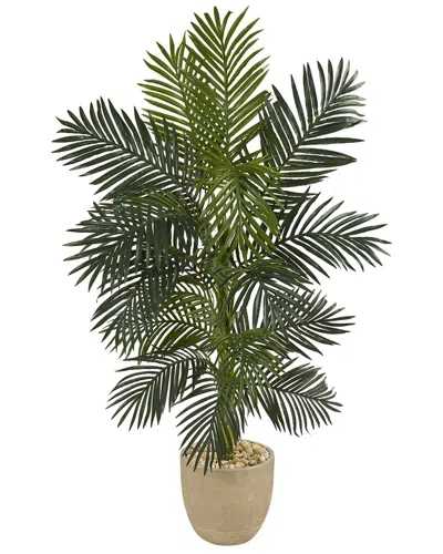 Nearly Natural 5ft Golden Cane Artificial Palm Tree In Sandstone Planter In Green
