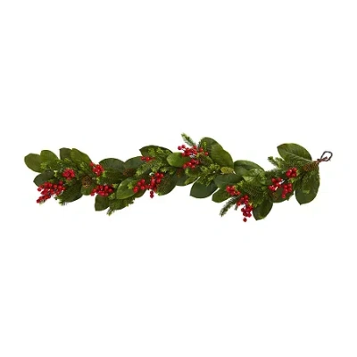 Nearly Natural 5ft. Magnolia Berry Pine Christmas Indoor Garland In Green