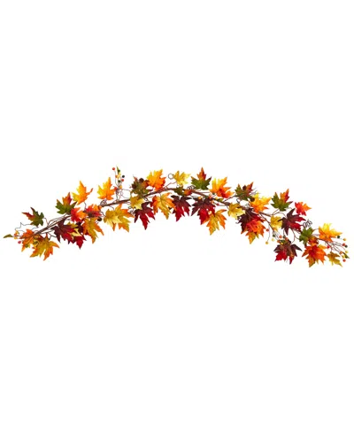 Nearly Natural 6' Autumn Maple Leaf And Berry Fall Garland In Orange