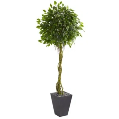 Nearly Natural 6' Ficus Artificial Tree In Slate Planter Uv Resistant In Green