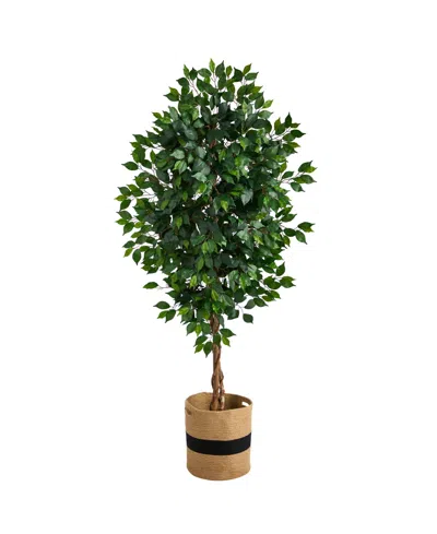 Nearly Natural 6' Ficus Artificial Tree With Natural Trunk In Planter With Tassels In Green