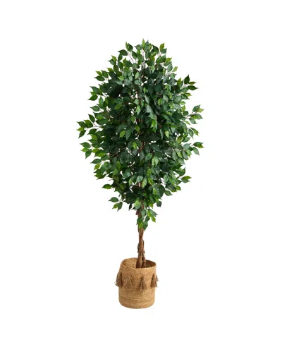 NEARLY NATURAL 6' FICUS ARTIFICIAL TREE WITH NATURAL TRUNK IN PLANTER WITH TASSELS