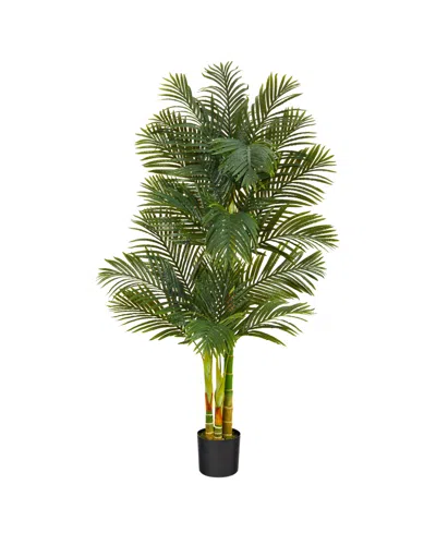 Nearly Natural 6' Triple Stalk Gold-tone Cane Artificial Palm Tree In Green