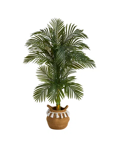 Nearly Natural 60" Artificial Double Stalk Cane Palm Tree With Handmade Woven Cotton Basket In Green