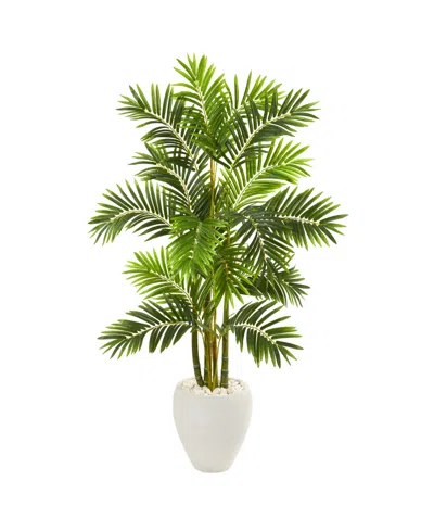 Nearly Natural 63" Areca Palm Artificial Tree In White Planter In Green