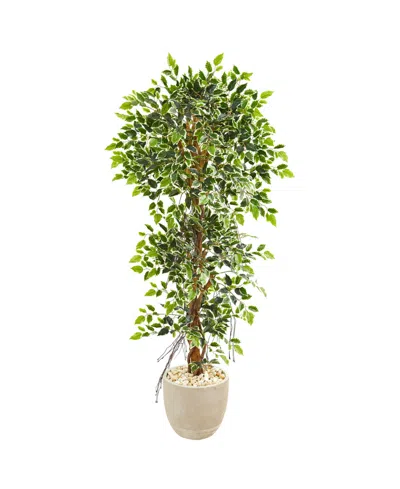 Nearly Natural 63" Elegant Ficus Artificial Tree In Sandstone Planter In Green