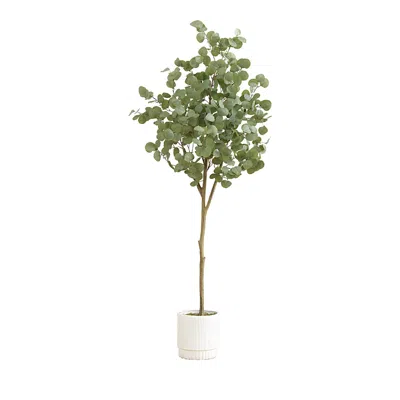 Nearly Natural 6ft. Artificial Eucalyptus Tree With White Decorative Planter In Green