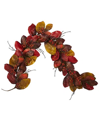 Nearly Natural 6ft Autumn Magnolia Leaf With Berries Artificial Garland In Red