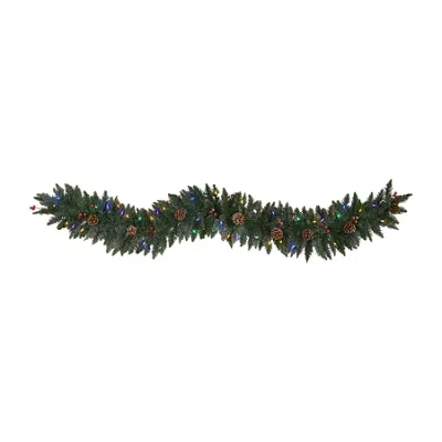 Nearly Natural 6ft. Snow Dusted Artificial Christmas Garland With 50 Multicolored Led Lights; Berries And Pinecones In Green