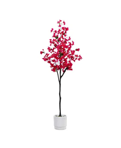 Nearly Natural 6ft. Artificial Bougainvillea Tree With White Decorative Planter In Pink