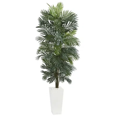 Nearly Natural 7' Areca Artificial Tree In White Tower Planter In Green