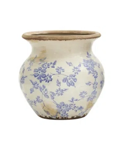 Nearly Natural 7in. Tuscan Ceramic Blue Scroll Urn Vase In Green