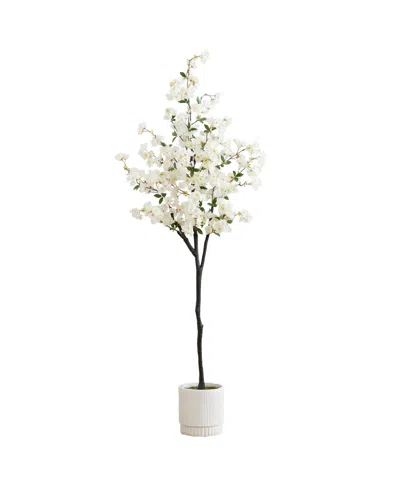 Nearly Natural 72" Artificial Cherry Blossom Tree With Decorative Planter In White