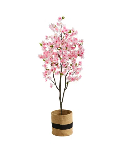 Nearly Natural 72" Artificial Cherry Blossom Tree With Handmade Jute Cotton Basket In Pink
