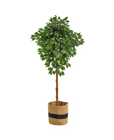 Nearly Natural 72" Artificial Ficus Tree With Handmade Jute Cotton Basket In Green