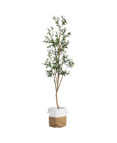 Nearly Natural 7ft. Artificial Olive Tree With Natural Trunk And Handmade Jute Basket In Green
