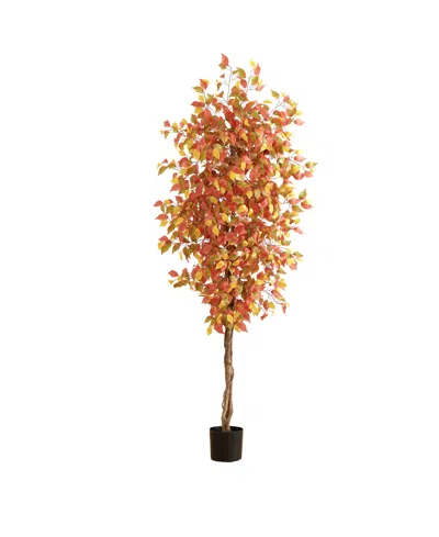 Nearly Natural 84" Autumn Ficus Artificial Fall Tree In Orange