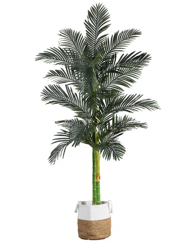 Nearly Natural 8ft Golden Cane Artificial Palm Tree In Handmade Cotton Planter In Green
