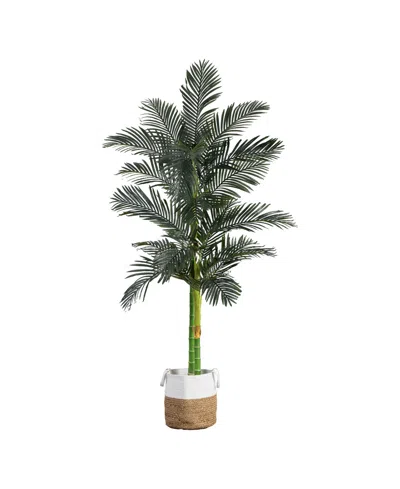 Nearly Natural 8ft. Golden Cane Artificial Palm Tree In Handmade Natural Cotton Planter In Green