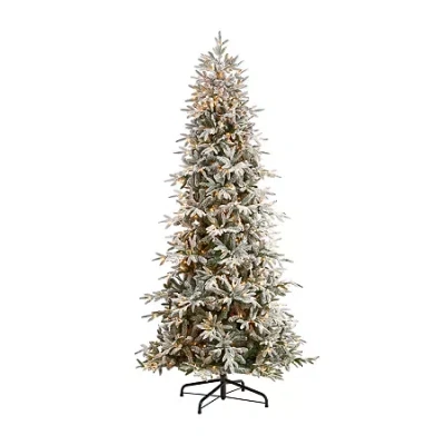 NEARLY NATURAL 9 1/2 FOOT PRE-LIT FLOCKED SPRUCE CHRISTMAS TREE